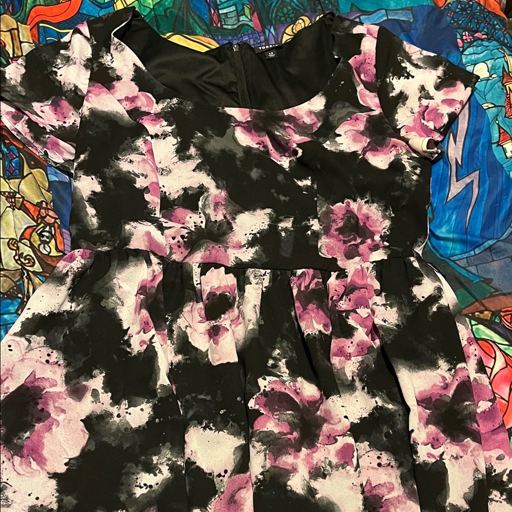torrid Black Skater Dress with Pink and White Floral Watercolor Print